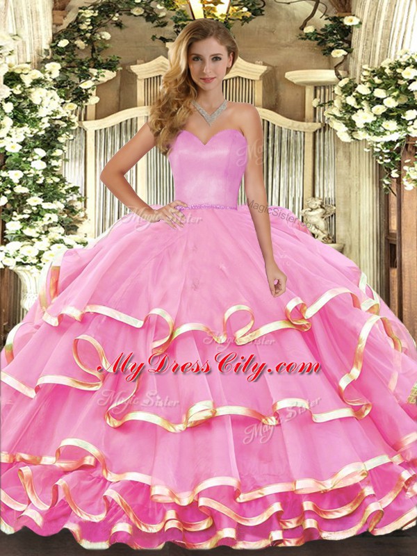 Rose Pink Vestidos de Quinceanera Military Ball and Sweet 16 and Quinceanera with Ruffled Layers Sweetheart Sleeveless Lace Up