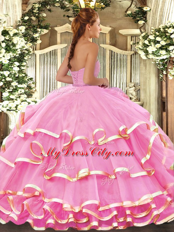 Rose Pink Vestidos de Quinceanera Military Ball and Sweet 16 and Quinceanera with Ruffled Layers Sweetheart Sleeveless Lace Up