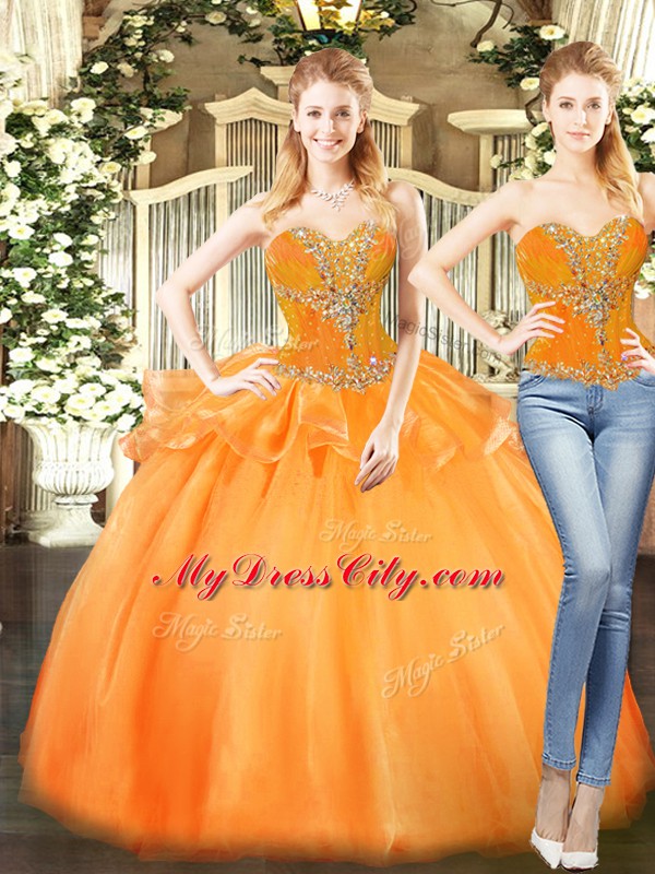 Stunning Orange Red Sleeveless Organza Lace Up Quinceanera Gown for Military Ball and Sweet 16 and Quinceanera