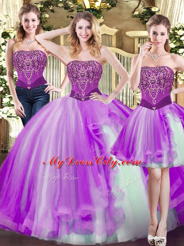 Ideal Eggplant Purple Lace Up Strapless Beading Quinceanera Gown Tulle Sleeveless