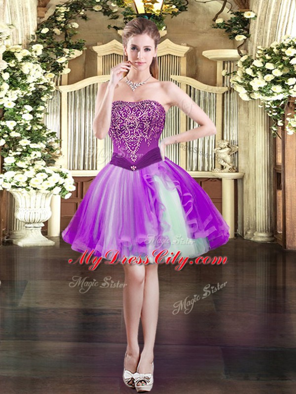 Ideal Eggplant Purple Lace Up Strapless Beading Quinceanera Gown Tulle Sleeveless