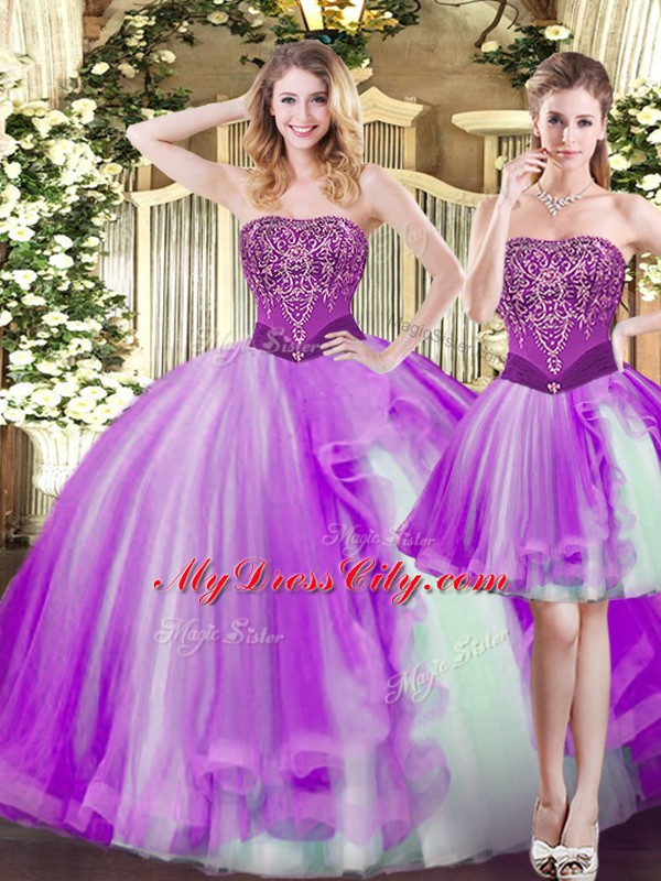 Ideal Eggplant Purple Lace Up Strapless Beading Quinceanera Gown Tulle Sleeveless