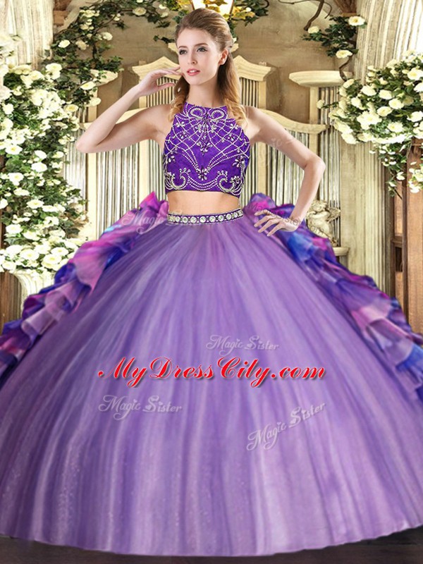 Custom Made Multi-color Two Pieces Tulle High-neck Sleeveless Beading and Ruffles Floor Length Zipper Sweet 16 Dress