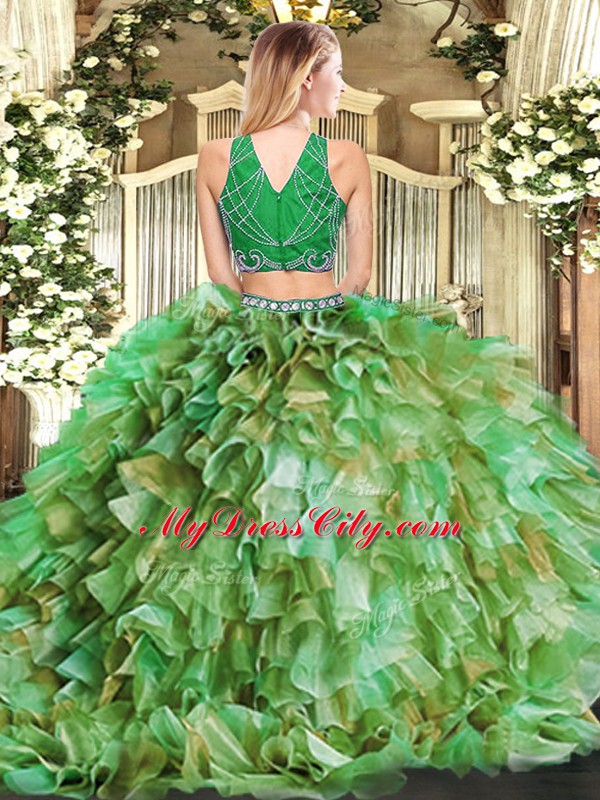 Custom Made Multi-color Two Pieces Tulle High-neck Sleeveless Beading and Ruffles Floor Length Zipper Sweet 16 Dress