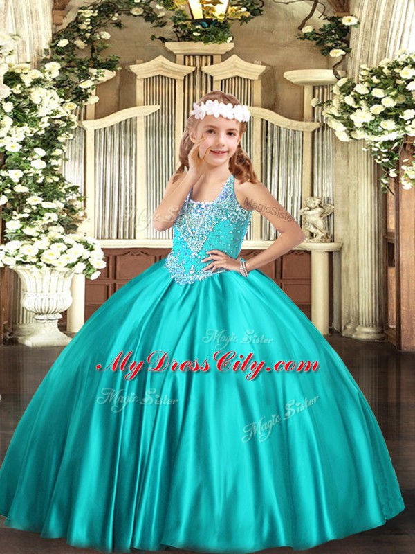 Turquoise V-neck Lace Up Beading Little Girl Pageant Gowns Sleeveless