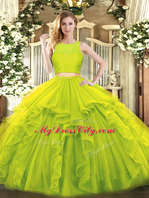 Floor Length Yellow Green Sweet 16 Quinceanera Dress Tulle Sleeveless Ruffles