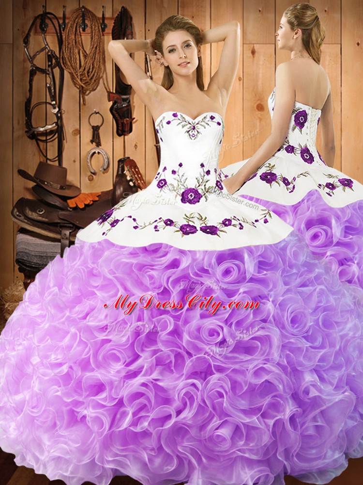 Glittering Floor Length Lilac 15 Quinceanera Dress Fabric With Rolling Flowers Sleeveless Embroidery