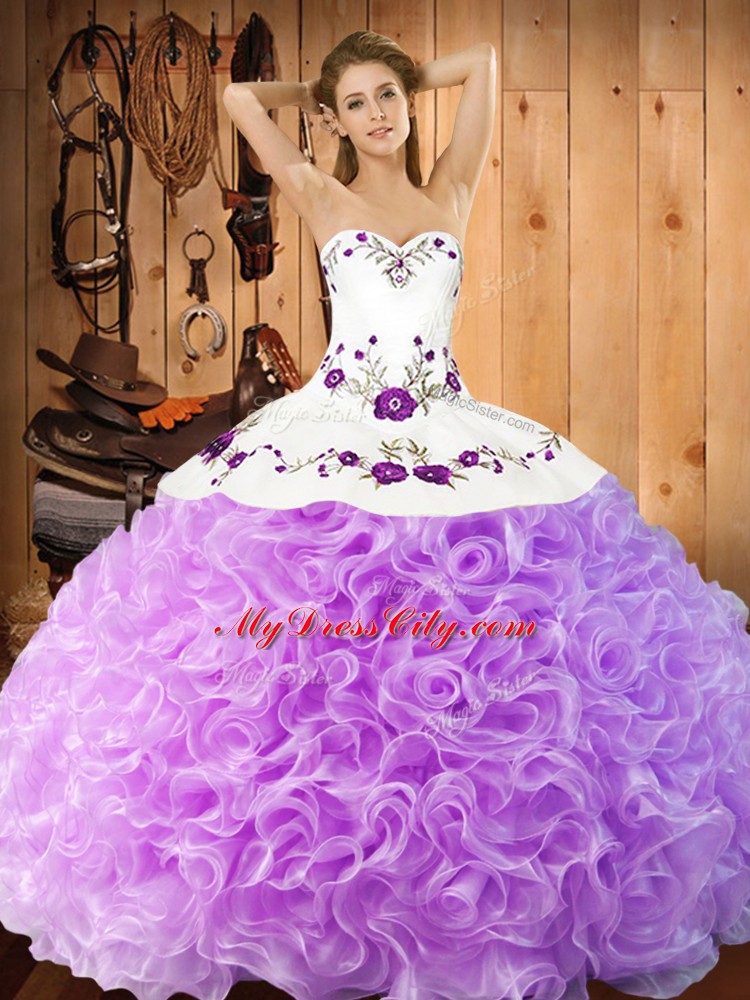 Glittering Floor Length Lilac 15 Quinceanera Dress Fabric With Rolling Flowers Sleeveless Embroidery