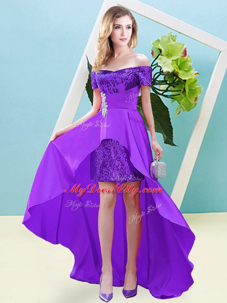 High Low Eggplant Purple Dress for Prom Elastic Woven Satin and Sequined Short Sleeves Beading