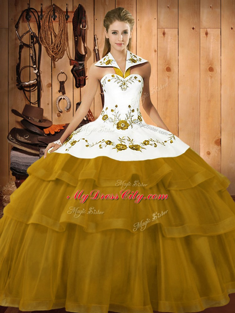 High End Brown Lace Up Vestidos de Quinceanera Embroidery and Ruffled Layers Sleeveless Brush Train