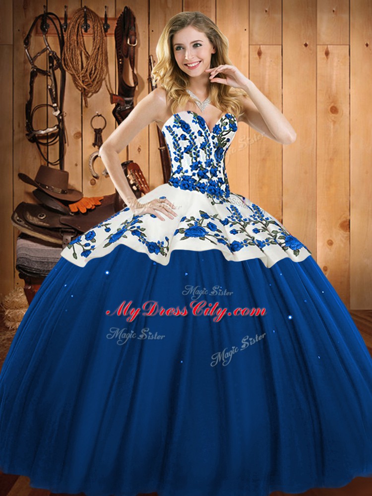 New Style Floor Length Lace Up Quinceanera Gown Blue for Military Ball and Sweet 16 and Quinceanera with Embroidery