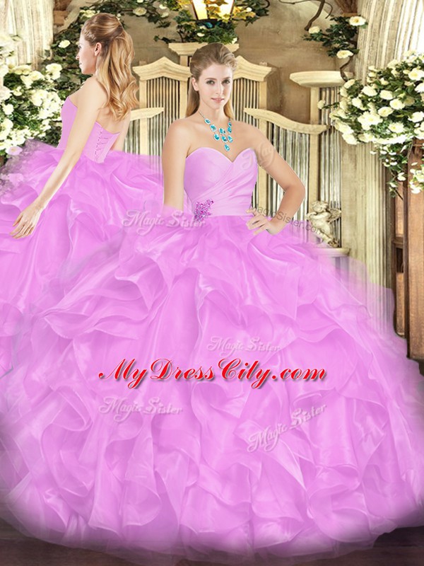 Custom Made Lilac Lace Up Sweetheart Beading and Ruffles 15th Birthday Dress Organza Sleeveless