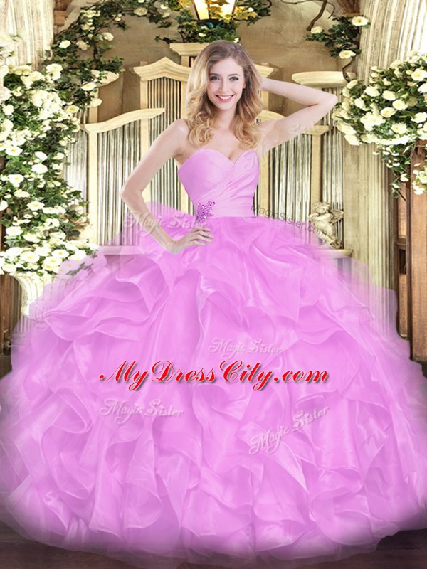 Custom Made Lilac Lace Up Sweetheart Beading and Ruffles 15th Birthday Dress Organza Sleeveless