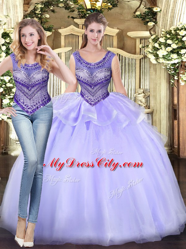 Romantic Lavender Scoop Neckline Beading and Ruffles Ball Gown Prom Dress Sleeveless Lace Up