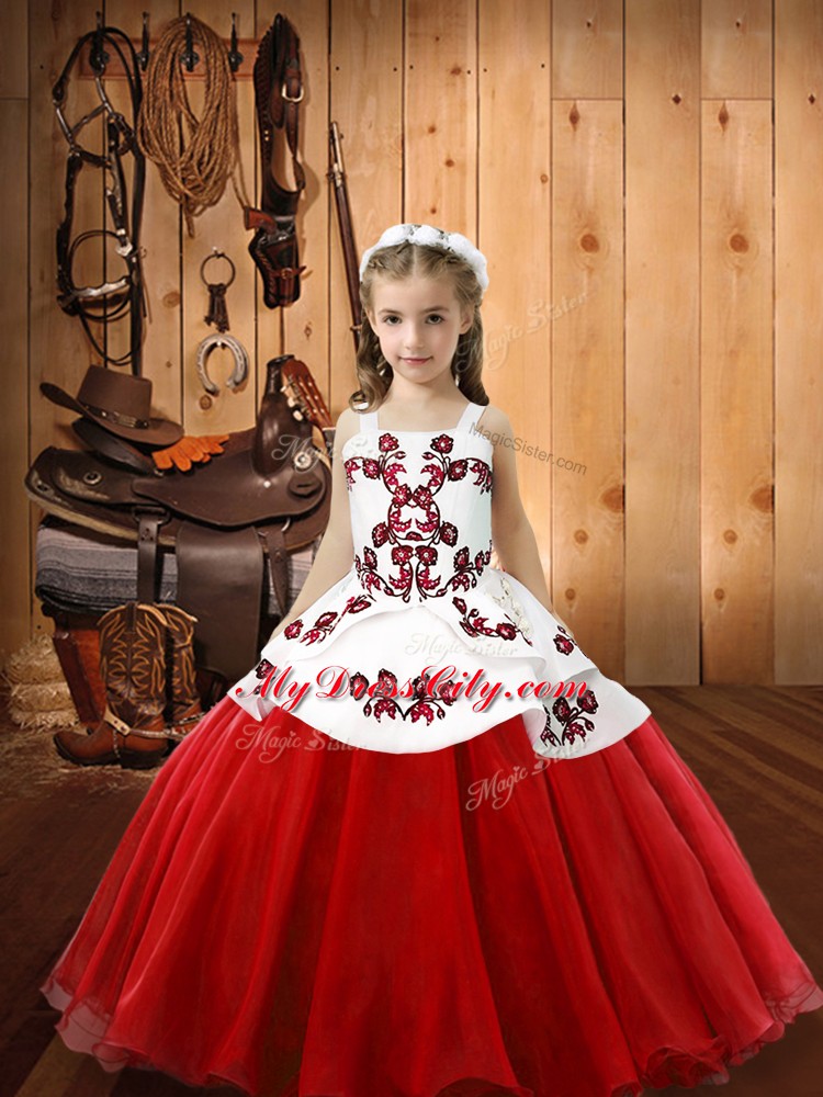 New Arrival Sleeveless Organza Floor Length Lace Up Pageant Gowns For Girls in White And Red with Embroidery