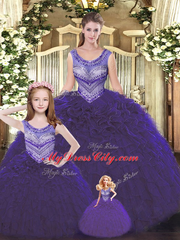 Decent Dark Purple Tulle Lace Up Scoop Sleeveless Floor Length 15th Birthday Dress Beading and Ruffles