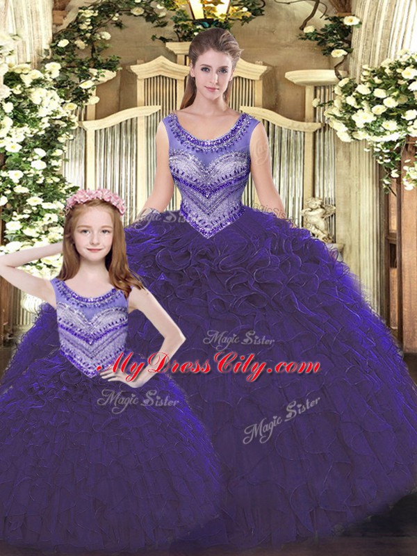 Decent Dark Purple Tulle Lace Up Scoop Sleeveless Floor Length 15th Birthday Dress Beading and Ruffles