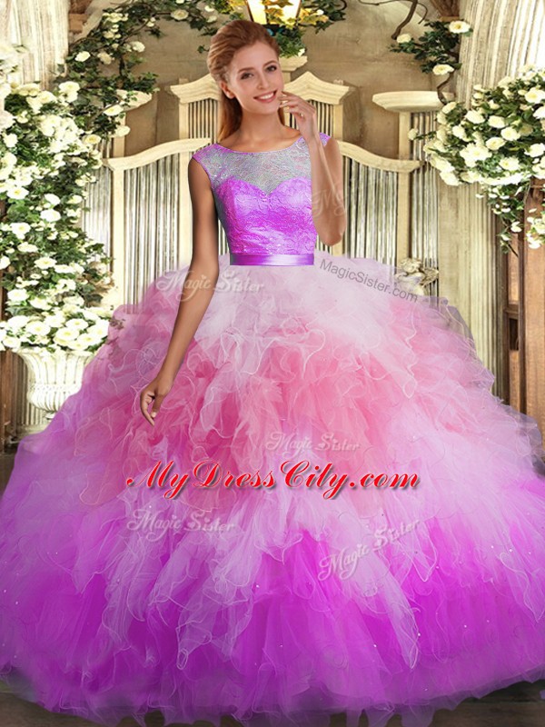 Trendy Organza Scoop Sleeveless Backless Lace and Ruffles Quinceanera Gowns in Multi-color