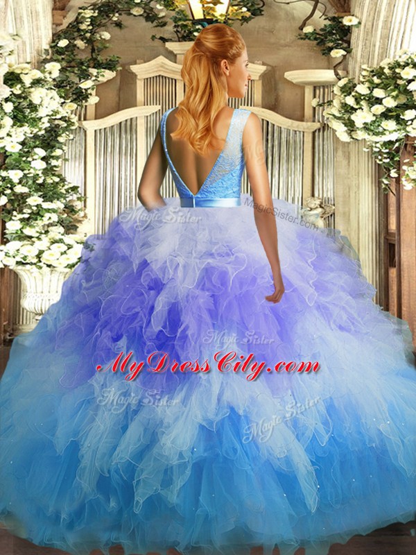 Trendy Organza Scoop Sleeveless Backless Lace and Ruffles Quinceanera Gowns in Multi-color