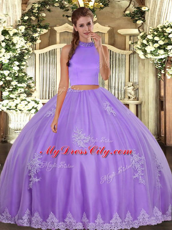 Lavender Halter Top Backless Beading and Appliques Quinceanera Dress Sleeveless