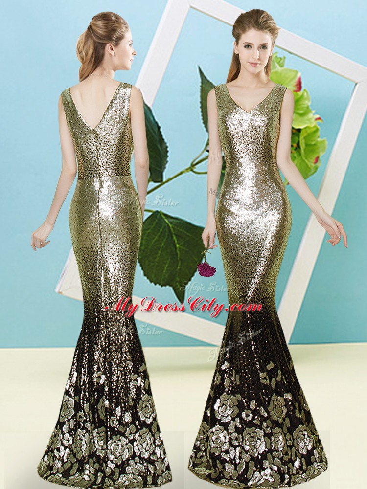 Eye-catching Gold Mermaid V-neck Sleeveless Sequined Floor Length Zipper Sequins Homecoming Dress