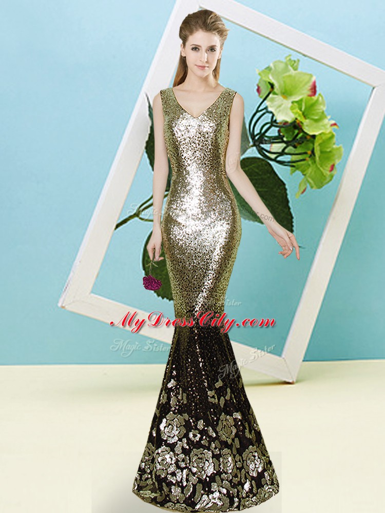 Eye-catching Gold Mermaid V-neck Sleeveless Sequined Floor Length Zipper Sequins Homecoming Dress