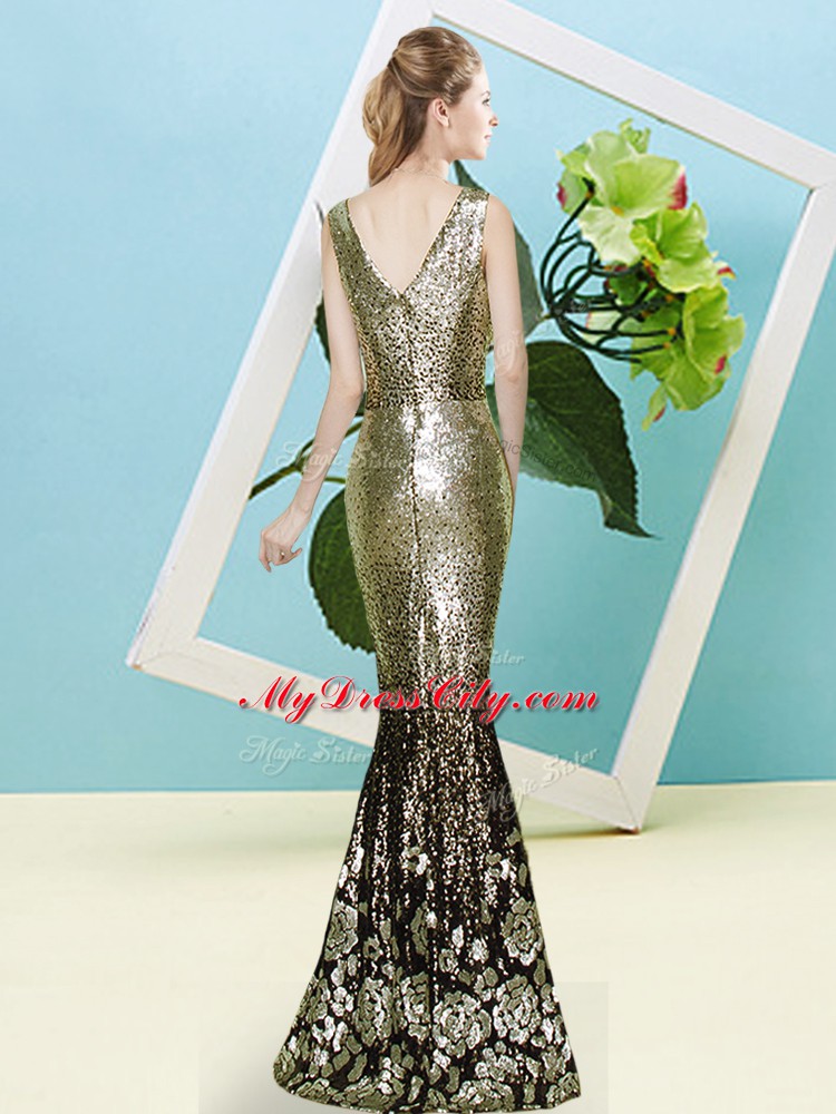 Eye-catching Gold Mermaid V-neck Sleeveless Sequined Floor Length Zipper Sequins Homecoming Dress