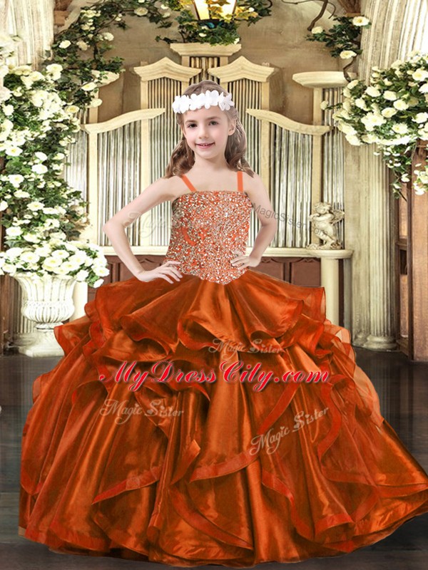 Perfect Sleeveless Organza Floor Length Lace Up Little Girl Pageant Dress in Rust Red with Beading and Embroidery and Ruffles