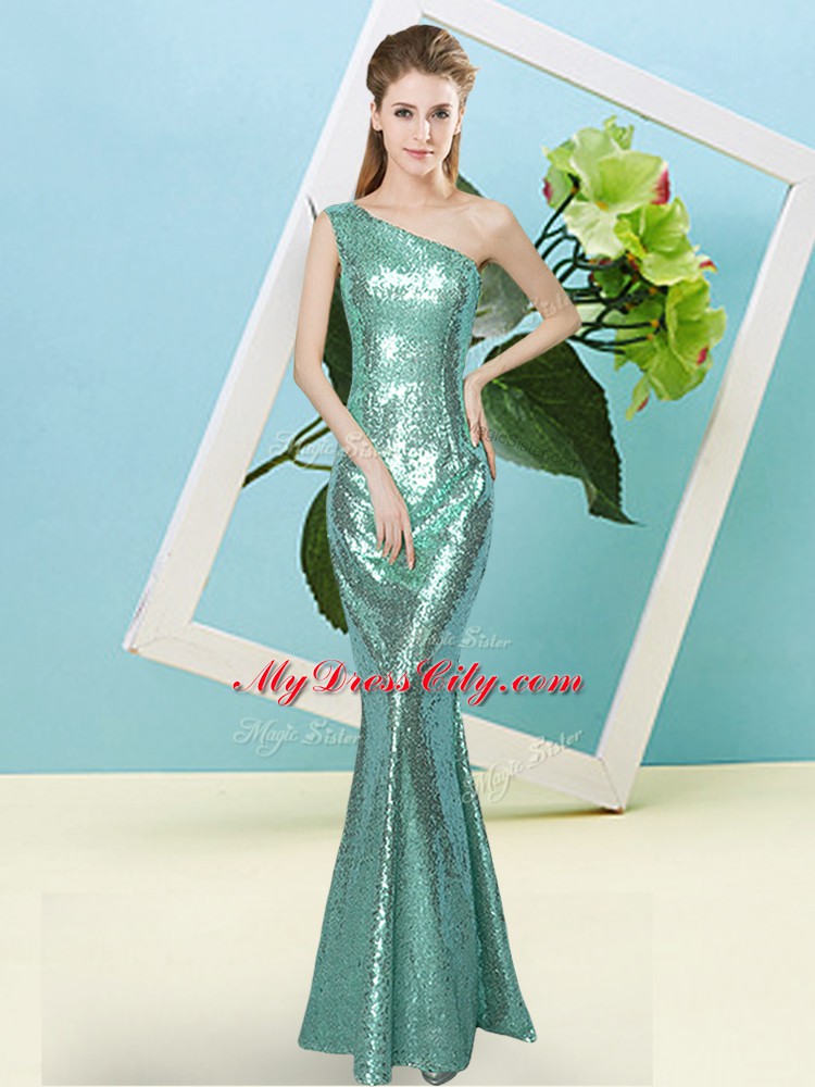 One Shoulder Sleeveless Dress for Prom Floor Length Sequins Apple Green Sequined