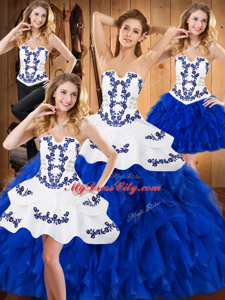 Blue And White Satin and Organza Lace Up Quinceanera Gown Sleeveless Floor Length Embroidery and Ruffles