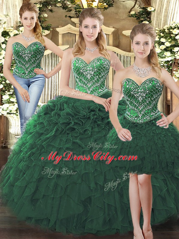 Sweetheart Sleeveless Tulle 15 Quinceanera Dress Beading and Ruffles Lace Up