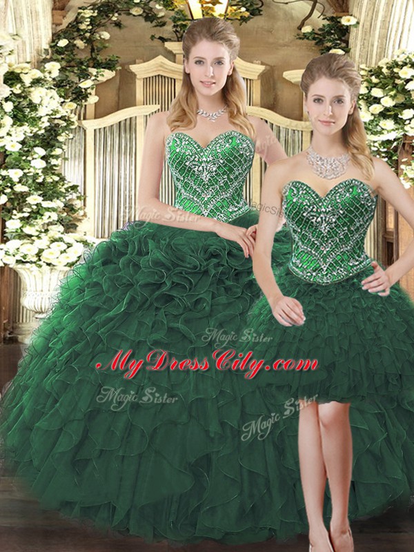 Sweetheart Sleeveless Tulle 15 Quinceanera Dress Beading and Ruffles Lace Up