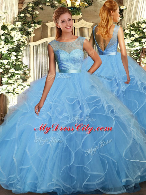 Fantastic Baby Blue Backless Quince Ball Gowns Lace and Ruffles Sleeveless Floor Length