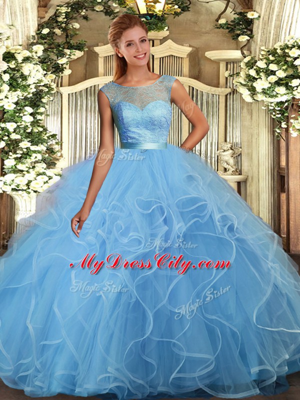 Fantastic Baby Blue Backless Quince Ball Gowns Lace and Ruffles Sleeveless Floor Length