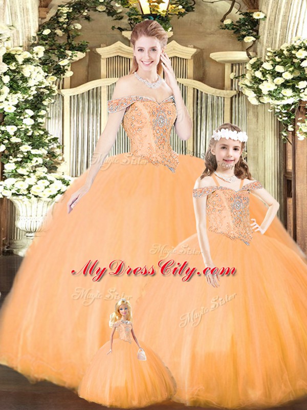 Floor Length Orange Sweet 16 Dresses Tulle Sleeveless Beading