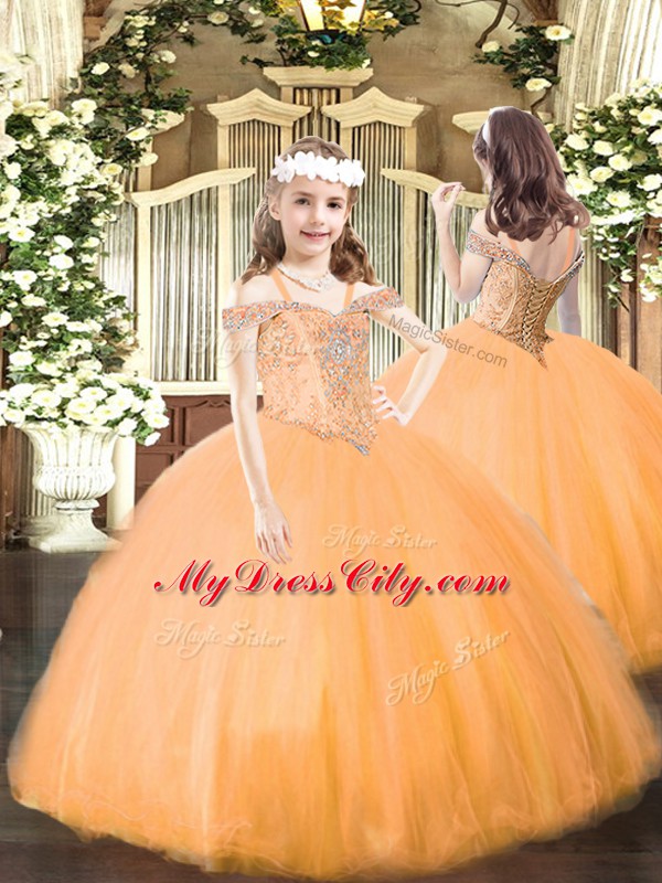 Floor Length Orange Sweet 16 Dresses Tulle Sleeveless Beading