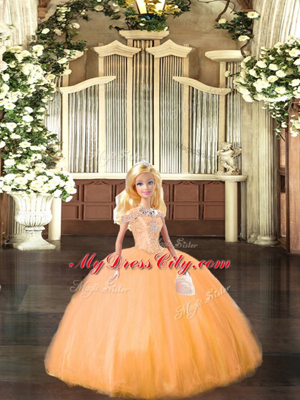 Floor Length Orange Sweet 16 Dresses Tulle Sleeveless Beading