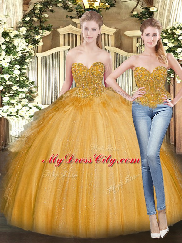 High Quality Floor Length Lace Up Quinceanera Gown Gold for Military Ball and Sweet 16 and Quinceanera with Beading and Ruffles