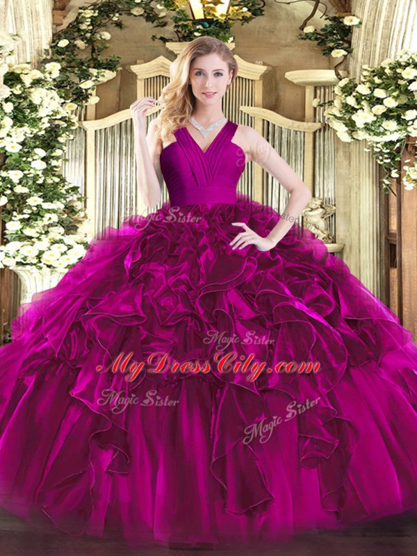 Ruffles Quinceanera Gown Fuchsia Zipper Sleeveless Floor Length