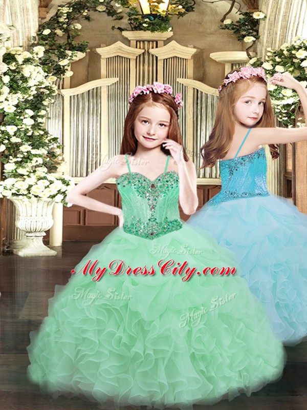 Glorious Floor Length Apple Green Pageant Gowns Organza Sleeveless Beading and Ruffles and Pick Ups