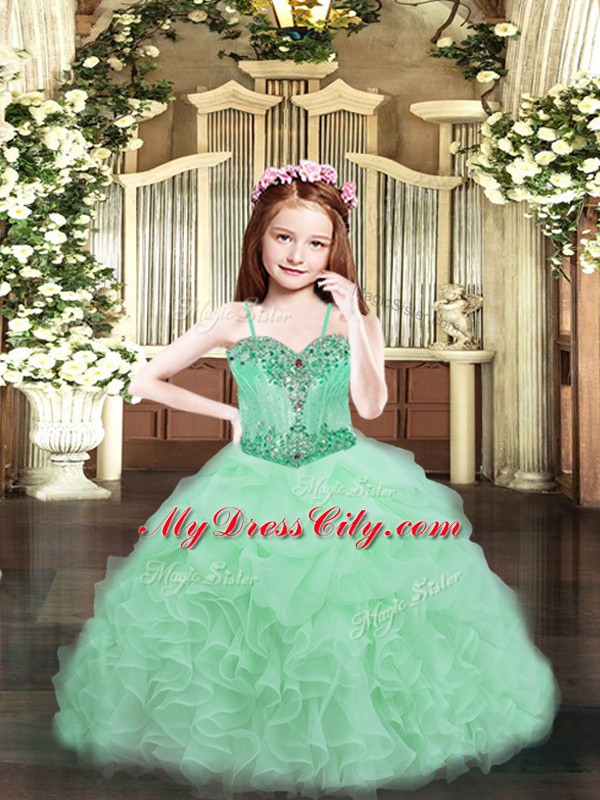 Glorious Floor Length Apple Green Pageant Gowns Organza Sleeveless Beading and Ruffles and Pick Ups