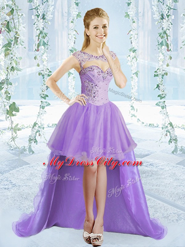 Charming Lavender Organza Lace Up Sweet 16 Dress Sleeveless Brush Train Beading and Ruffled Layers