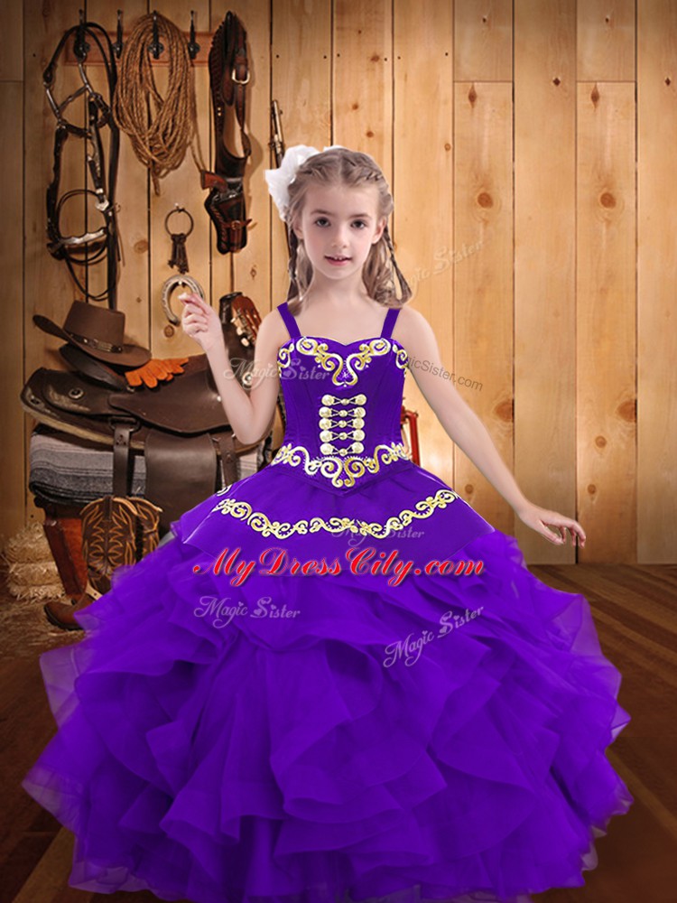 Sleeveless Embroidery and Ruffles Lace Up Little Girls Pageant Dress Wholesale