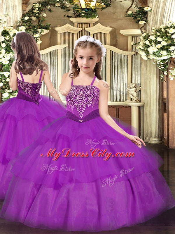 Dramatic Straps Sleeveless Lace Up Girls Pageant Dresses Purple Organza