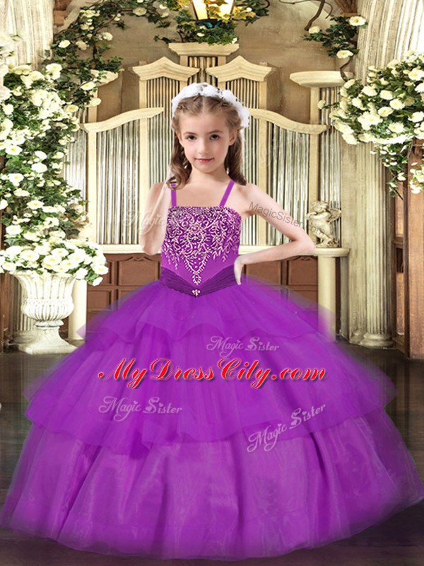 Dramatic Straps Sleeveless Lace Up Girls Pageant Dresses Purple Organza