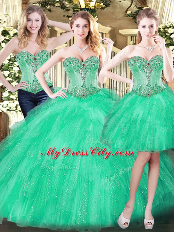 High Class Green Organza Lace Up Sweetheart Sleeveless Floor Length Vestidos de Quinceanera Beading and Ruffles