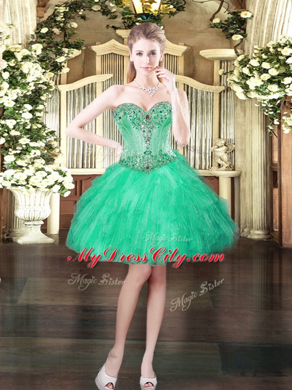 High Class Green Organza Lace Up Sweetheart Sleeveless Floor Length Vestidos de Quinceanera Beading and Ruffles