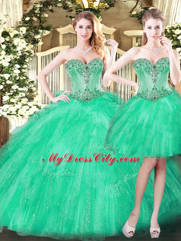 High Class Green Organza Lace Up Sweetheart Sleeveless Floor Length Vestidos de Quinceanera Beading and Ruffles