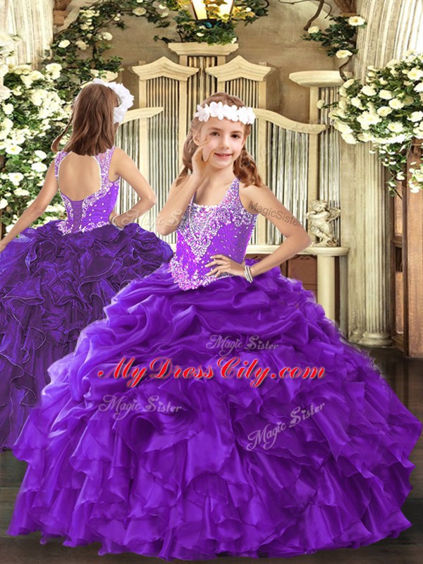 Purple Pageant Dresses Party and Quinceanera with Beading and Ruffles and Pick Ups V-neck Sleeveless Lace Up