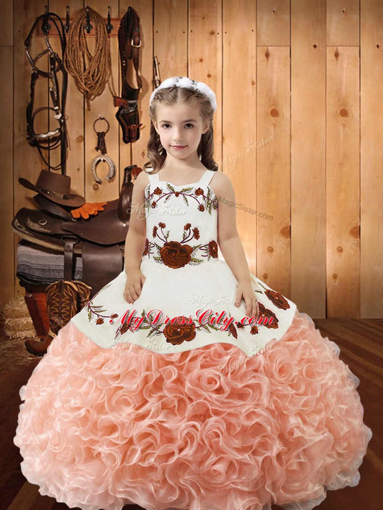 Peach Fabric With Rolling Flowers Lace Up Little Girls Pageant Dress Wholesale Sleeveless Floor Length Embroidery and Ruffles